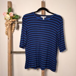 Banana Republic Striped Ribbed Knit 3/4 Sleeve Top Women Medium Blue